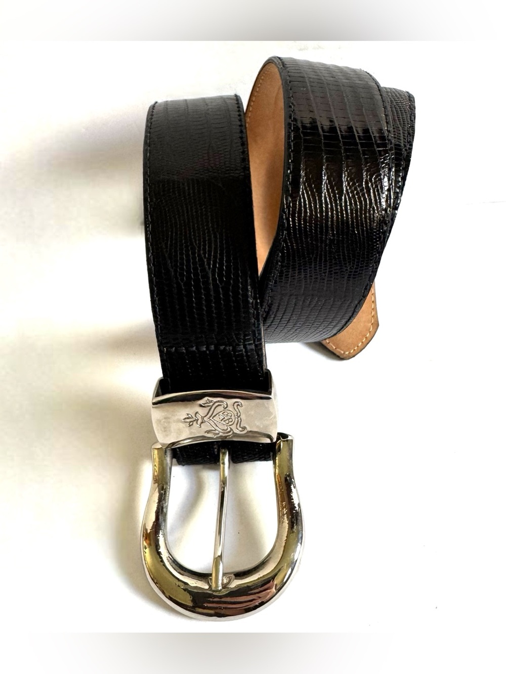 Vintage Brooks Brothers Black Genuine Lizard Leather Belt M Silver Tone Western